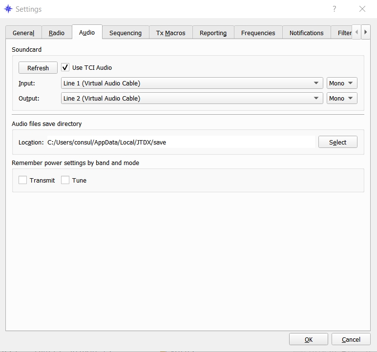 JTDX TCI audio setup 